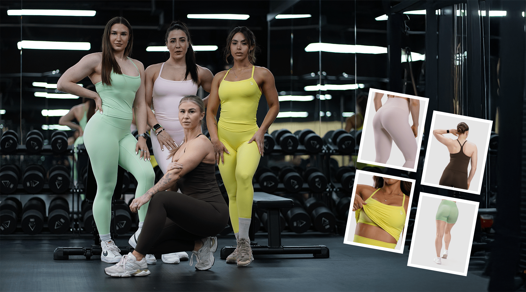 Women’s pastel activewear set featuring Confidence legging, matching longline sports bra, and bike shorts by Devoteewear.